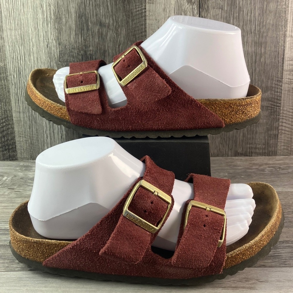 Birkenstock Arizona Maroon Suede Double Strap Buckle Slide Sandals Size 40